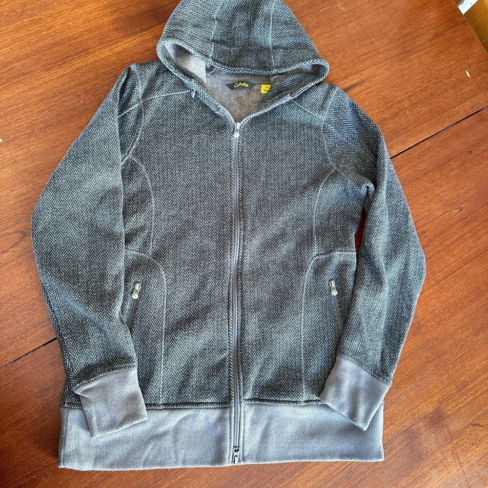 Cabelas Womens Jacket Gray Herringbone Fleece Hooded Long Sleeve Sz L Outdoors - Picture 3 of 16